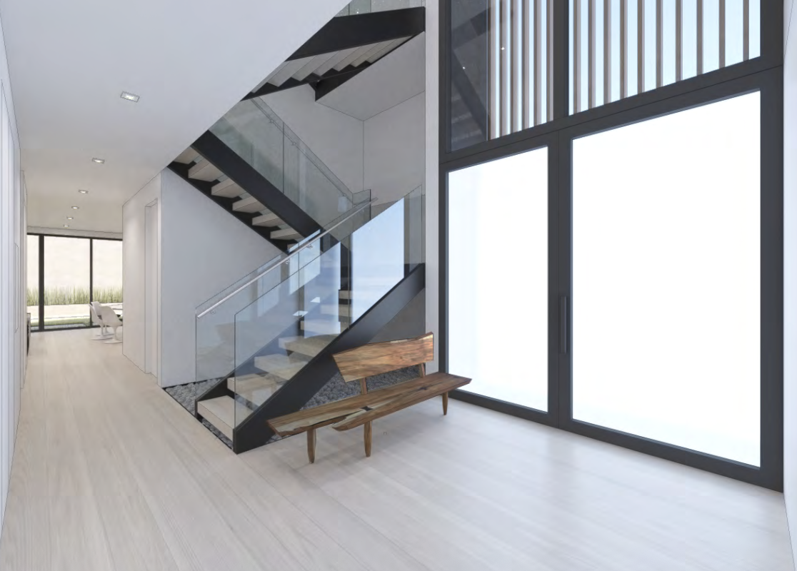Entry hall with blackened steel and glass stair
